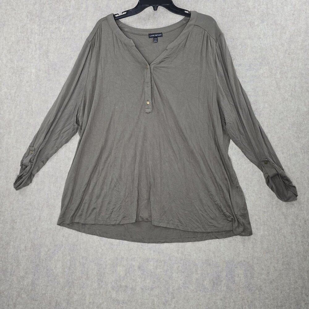 Lane Bryant Plus Size Long-Sleeve Button Front Top Taupe 26/28 Rayon Blend